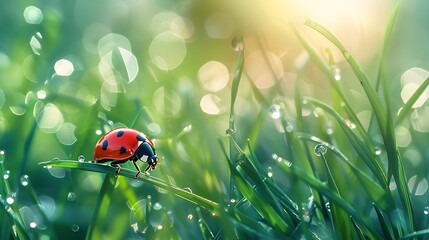 Ladybug running along the green wet grass