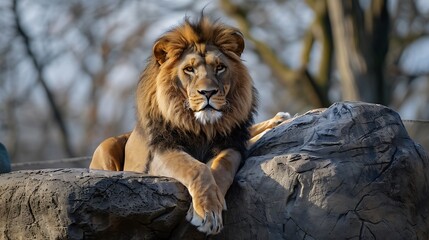 Large and majestic male lion resting on a large rock