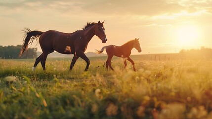 Mare run with colt in beautiful field at sunrise - obrazy, fototapety, plakaty