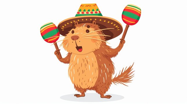 Happy Mexican capybara holding rhythm rattles and shakers. An isolated white background illustrates a cute capybara playing maracas.