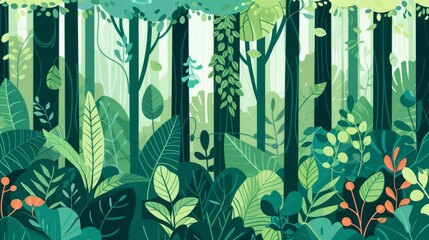 Trees and bushes in the spring, woods background with leaf plants and bushes in modern style. Forest, park, environment background. Flat modern illustration. - obrazy, fototapety, plakaty