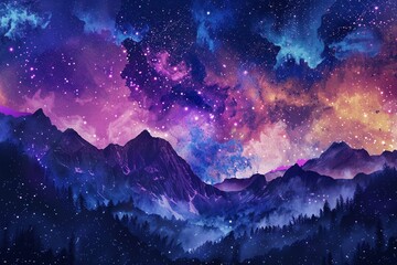 Galaxy nature aesthetic background starry sky mountain remixed media - obrazy, fototapety, plakaty