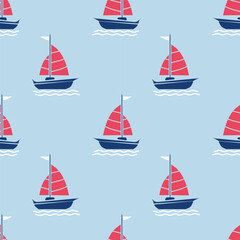Sea seamless pattern with hand drawn sailing boat