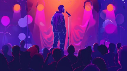 A comic individual performing a monologue at a comedy show, stand-up club. An open mic performance at a stand-up concert, a stand-up concert. A black individual performing in front of an audience and