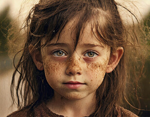 Rosto de uma menina, suja, cabelos bagunçados, e  expressão séria. - obrazy, fototapety, plakaty