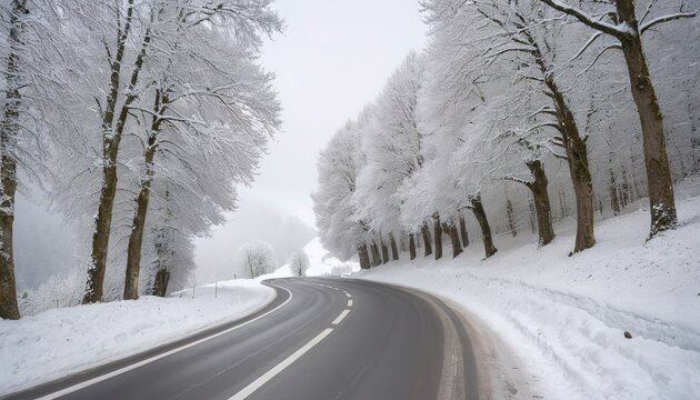 A winter road with snow covered trees running alongside, taken in Estavayer-le-Lac in Switzerland