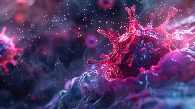 A frozen moment of a virus entering a cell stylized as a dramatic
