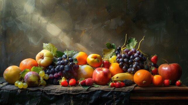 A still life painting-inspired arrangement of fruits with dramatic lighting and rich shadows