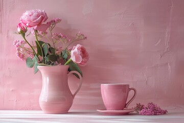 Soft pink still life with roses and a coffee cup