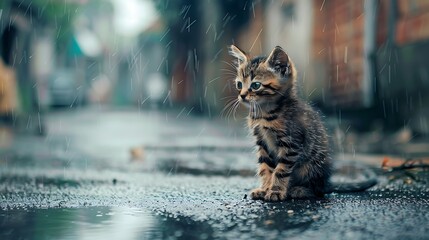Sad hungry kitten sitting in the street under the rain