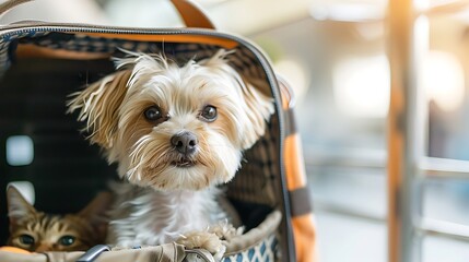 Small dog maltese in carrier with cat and bag waiting for a trip