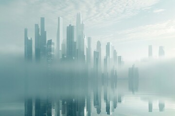 A serene landscape featuring pristine skyscrapers blending into the tranquil atmosphere, graphic design