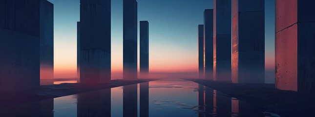 A series of monolithic pillars rising up from a reflective surface, high resolution DSLR - obrazy, fototapety, plakaty