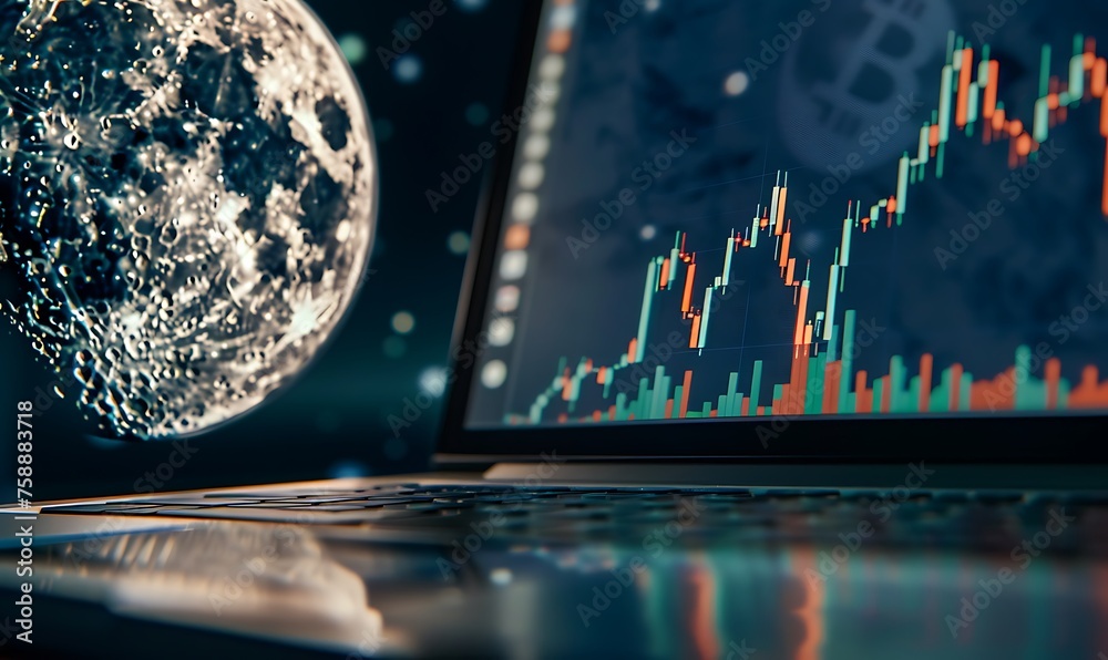 Aufkleber Bitcoin Trading Platform on Laptop Screen with Graph Extending to Moon