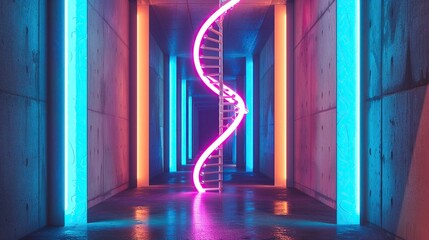 An abstract sculpture in the shape of a DNA strand, illuminated by neon lights, ultra HD - obrazy, fototapety, plakaty