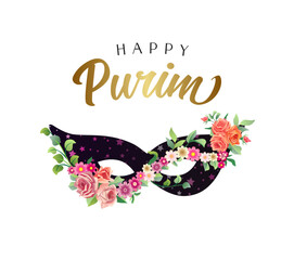 Happy Purim cute greetings. Decorative fsce mask with floral elements. Social media timeline post concept. Postcard design. Gift card template. Creative graphic. Set of vintage flowers. Pink roses.