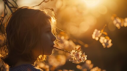 Dziewczynka na tle gałęzi kwitnącego drzewa wiosną. Scena zachwycającego ciepłego promieni słońca.