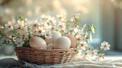 Easter background. Beautiful composition of colorful eggs and spring flowers on a delicate background. Spring holidays concept with copy space.
