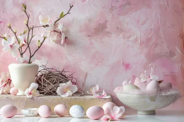 Zelfklevend Fotobehang Modern Easter still life with pink magnolia flowers bouquet in vase and Easter eggs on pink background. Spring holiday background © samael334
