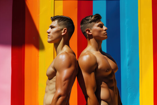 Two young gay male models, Miami vibes, topless, shirtless, muscled, tanned, fit bodies in the summer heat, young and cool. 