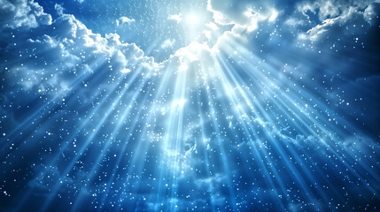 A blue sky with a bright light shining down on it. The light is
