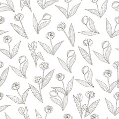 Tulip flowers vector line seamless pattern.