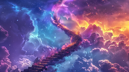 Abstract image of a staircase twisting into the sky, merging wit - obrazy, fototapety, plakaty