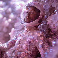 The image features an astronaut in a captivating pink crystalline environment, resonating a magical and otherworldly aura