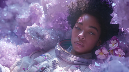 A young female astronaut rests among a field of violet crystals
