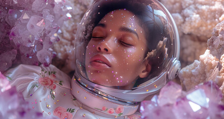 Peaceful astronaut with closed eyes in a pearly spacesuit surrounded by crystals