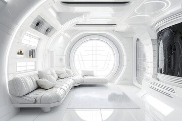 futuristic clean white space station style interior of living room. Neural network generated image. Not based on any actual scene or pattern.