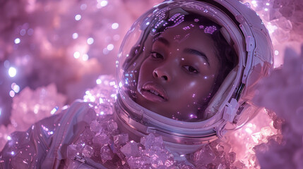 The image captures a resting astronaut on a glistening crystal surface, evoking a sense of wonder and dreaminess