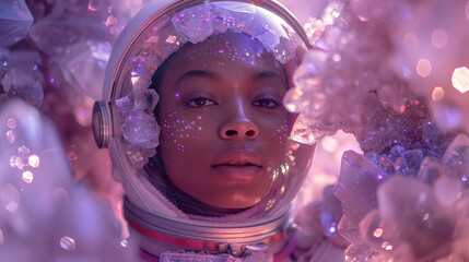 A portrait of a woman astronaut with serene expression and crystal backdrop