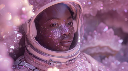 Focused astronaut with helmet looking upward, surrounded by purple glitter