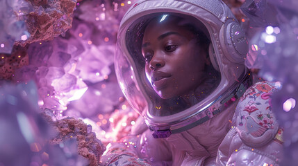 A dreamy expression on an astronaut's face surrounded by purple crystals