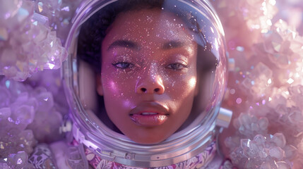 A woman astronaut surrounded by shining crystals with glitter on her face, reflecting a sense of wonder