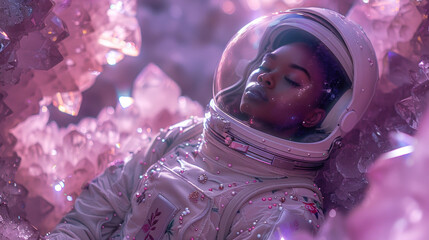 An astronaut in repose amidst glistening crystals symbolizing dreams and the unknown
