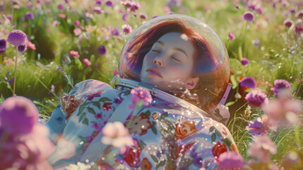 An astronaut wearing a suit patterned with flowers lies amidst vibrant grass and blooms, head in helmet resting calmly