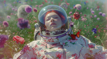 An astronaut surrounded by flowers and a butterfly accentuates a bond between technology and nature