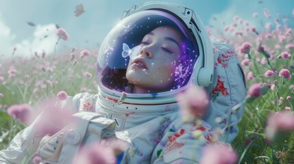 Cosmic reflection in astronaut's helmet contrasts with butterflies and flowers, symbolizing coexistence