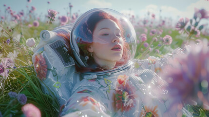 A serene astronaut in a floral spacesuit sits surrounded by nature, reflecting a peaceful coexistence