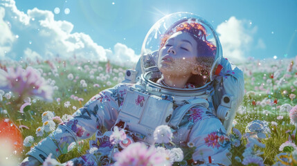 Astronaut in floral spacesuit reclines in a flower field, gazing into a clear blue sky, invoking dreams