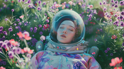 A serene astronaut lies in a meadow of flowers, depicting calmness in nature with a futuristic touch