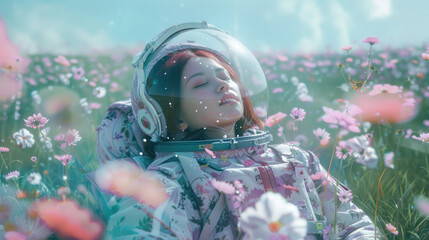 Restful astronaut with mirror-like helmet lies in a field of flowers, blending dreams with reality