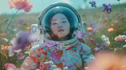 The image captures a calm astronaut among vivid flowering plants, conveying a peaceful escape