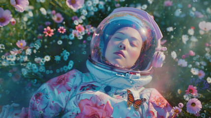 An astronaut with eyes closed in a peaceful state among flowers with a visiting butterfly, suggests a utopic moment