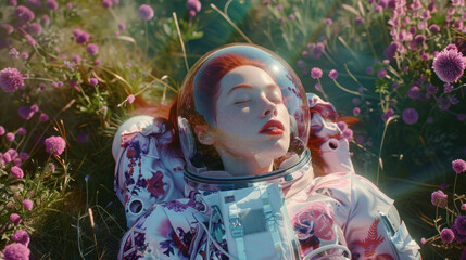 An astronaut in a detailed suit reclines in a sea of purple-hued flora, creating a juxtaposition of technology and nature