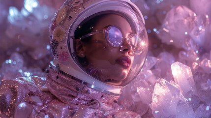 This image captures an astronaut amidst glistening crystals, enhanced by a feminine touch with a soft pink scarf