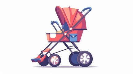 A baby pram, carriage. Newborn pushchair, stroller with bag, back view. A wheeled cradle for walking. A kids transport with canopy, sunshade. Isolated modern illustration on white.