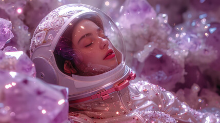 A contemplative astronaut lays on shimmering crystal formations, evoking thoughts of discovery and rest